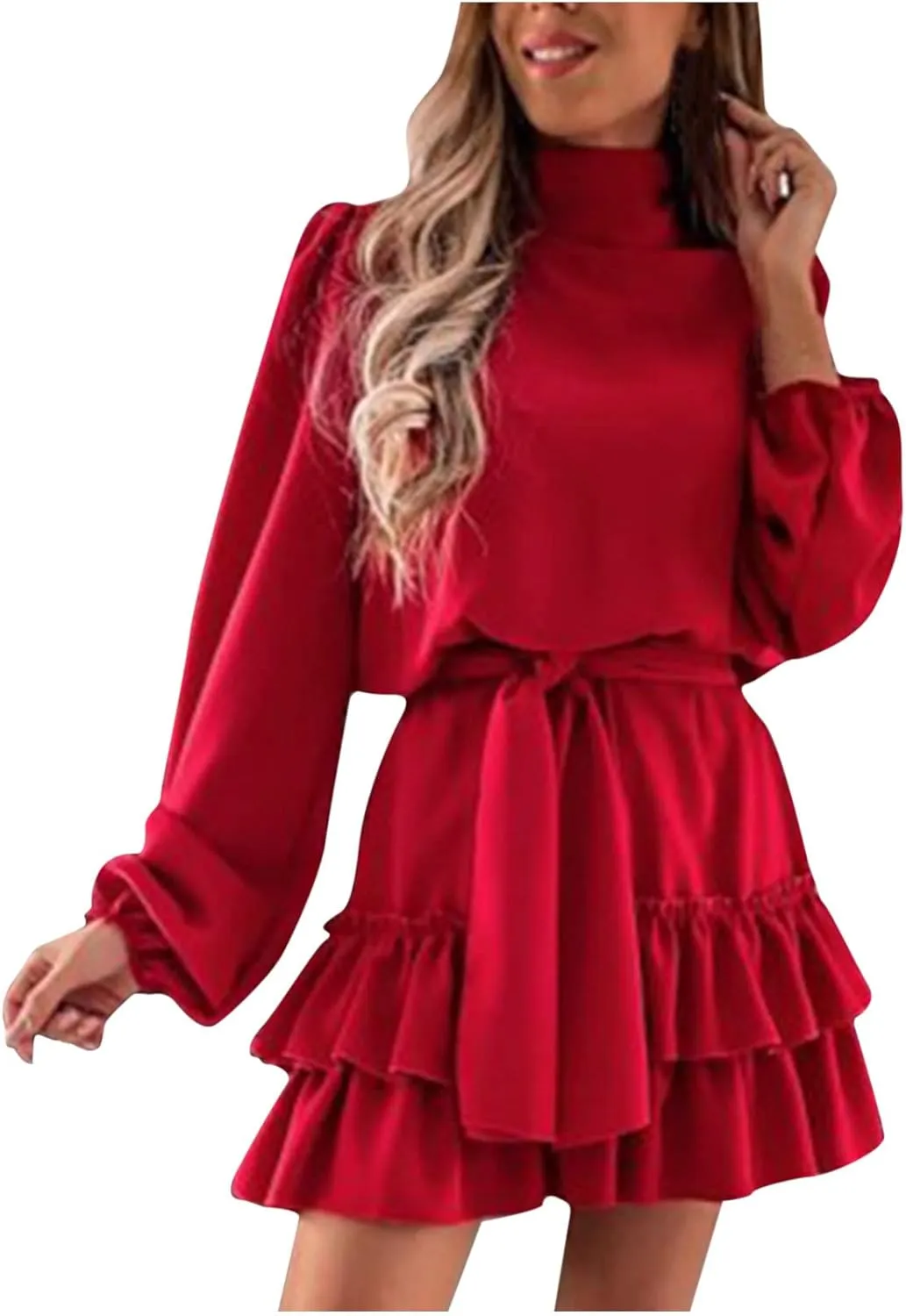 tuduoms Ruffle Tunic Dress for Women Spring Summer High Neck Baggy Sleeve Waist Tie Double Layer Ruffle Hem Short Mini Dress