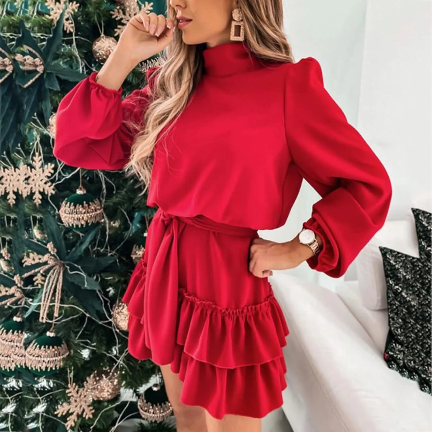 tuduoms Ruffle Tunic Dress for Women Spring Summer High Neck Baggy Sleeve Waist Tie Double Layer Ruffle Hem Short Mini Dress