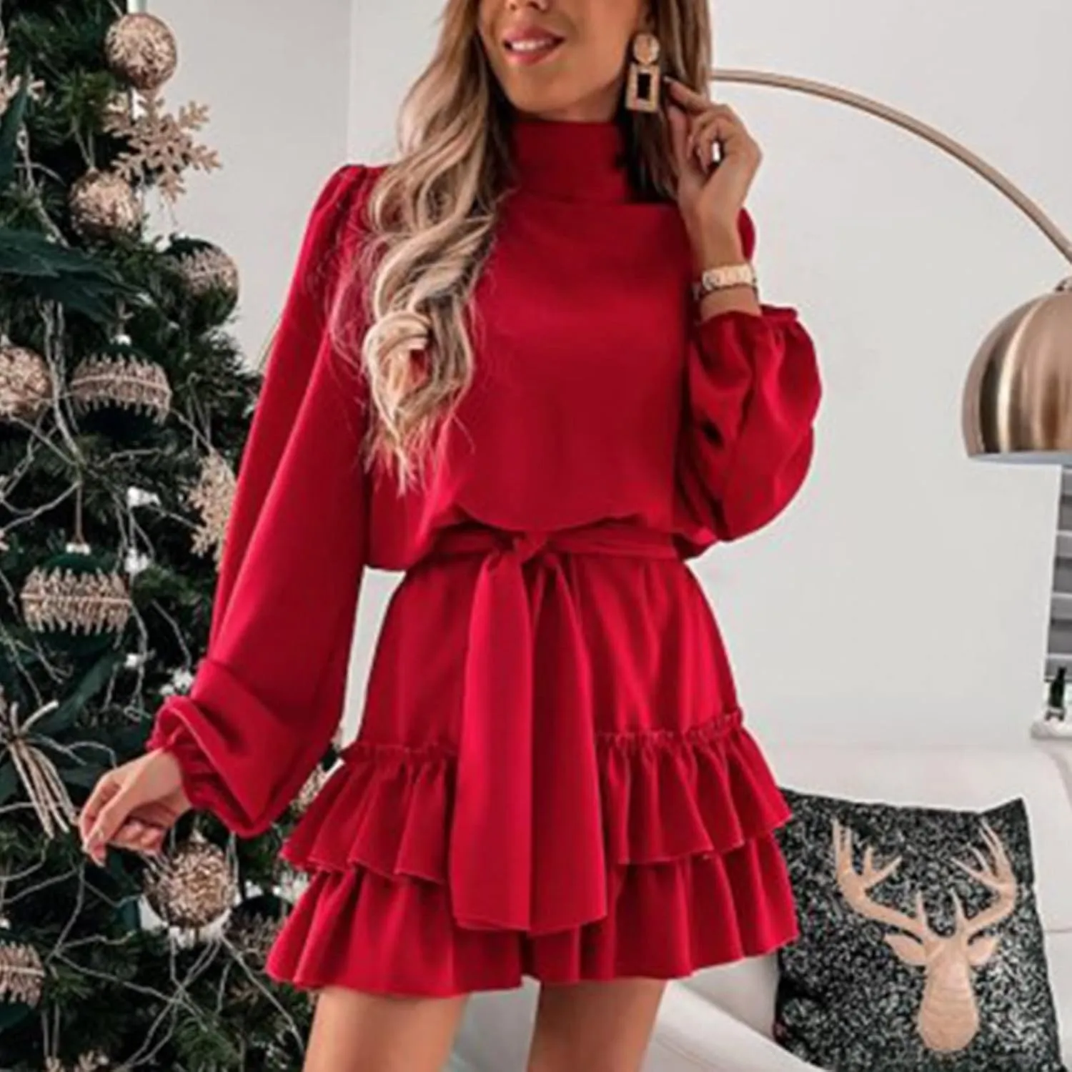 tuduoms Ruffle Tunic Dress for Women Spring Summer High Neck Baggy Sleeve Waist Tie Double Layer Ruffle Hem Short Mini Dress