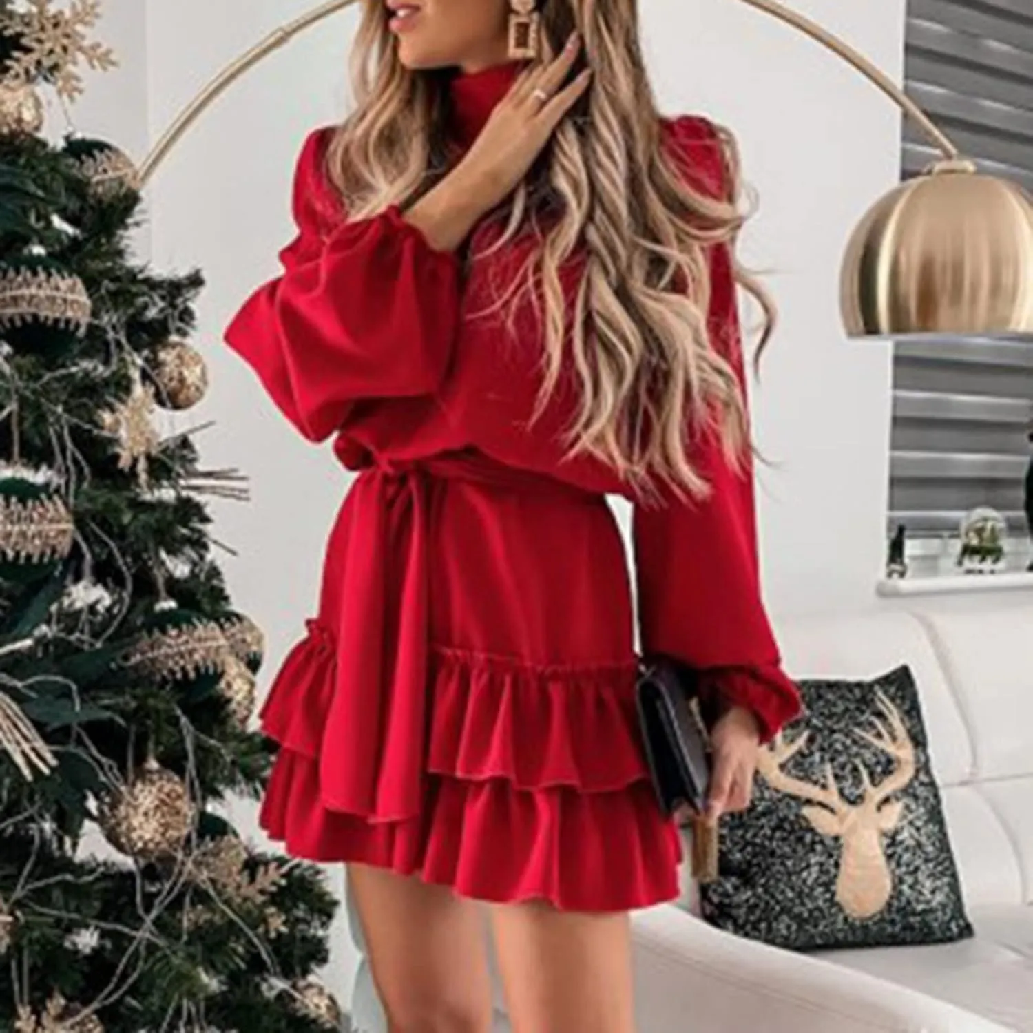 tuduoms Ruffle Tunic Dress for Women Spring Summer High Neck Baggy Sleeve Waist Tie Double Layer Ruffle Hem Short Mini Dress