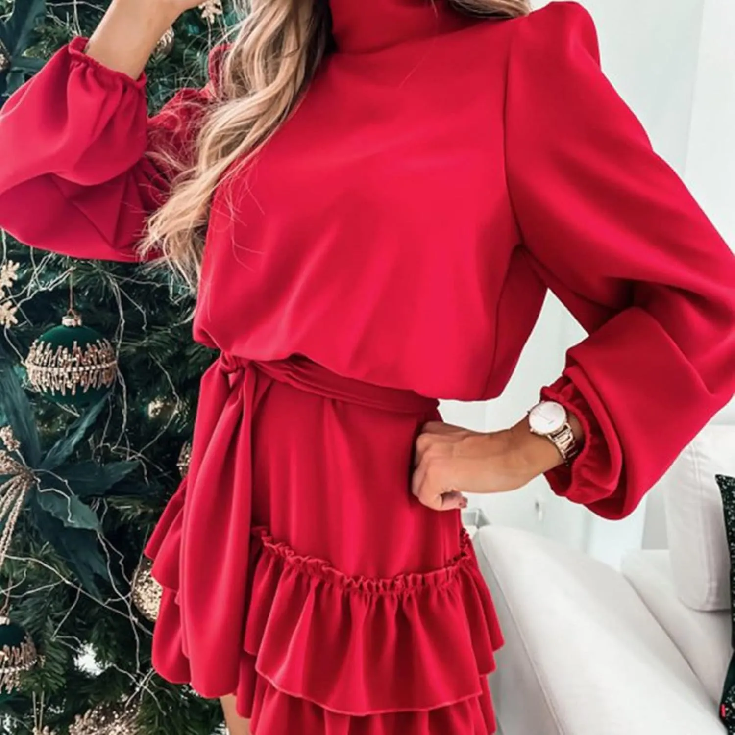 tuduoms Ruffle Tunic Dress for Women Spring Summer High Neck Baggy Sleeve Waist Tie Double Layer Ruffle Hem Short Mini Dress