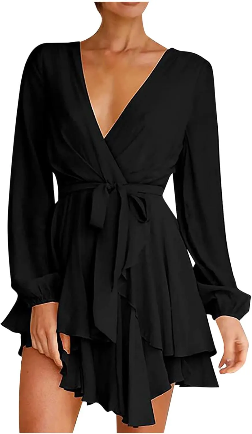 tuduoms Summer Wrap Peplum Dress for Women V Neck Long Sleeve Irregular Dress Waist Tie Ruffle Mini Flowy Skater Dresses