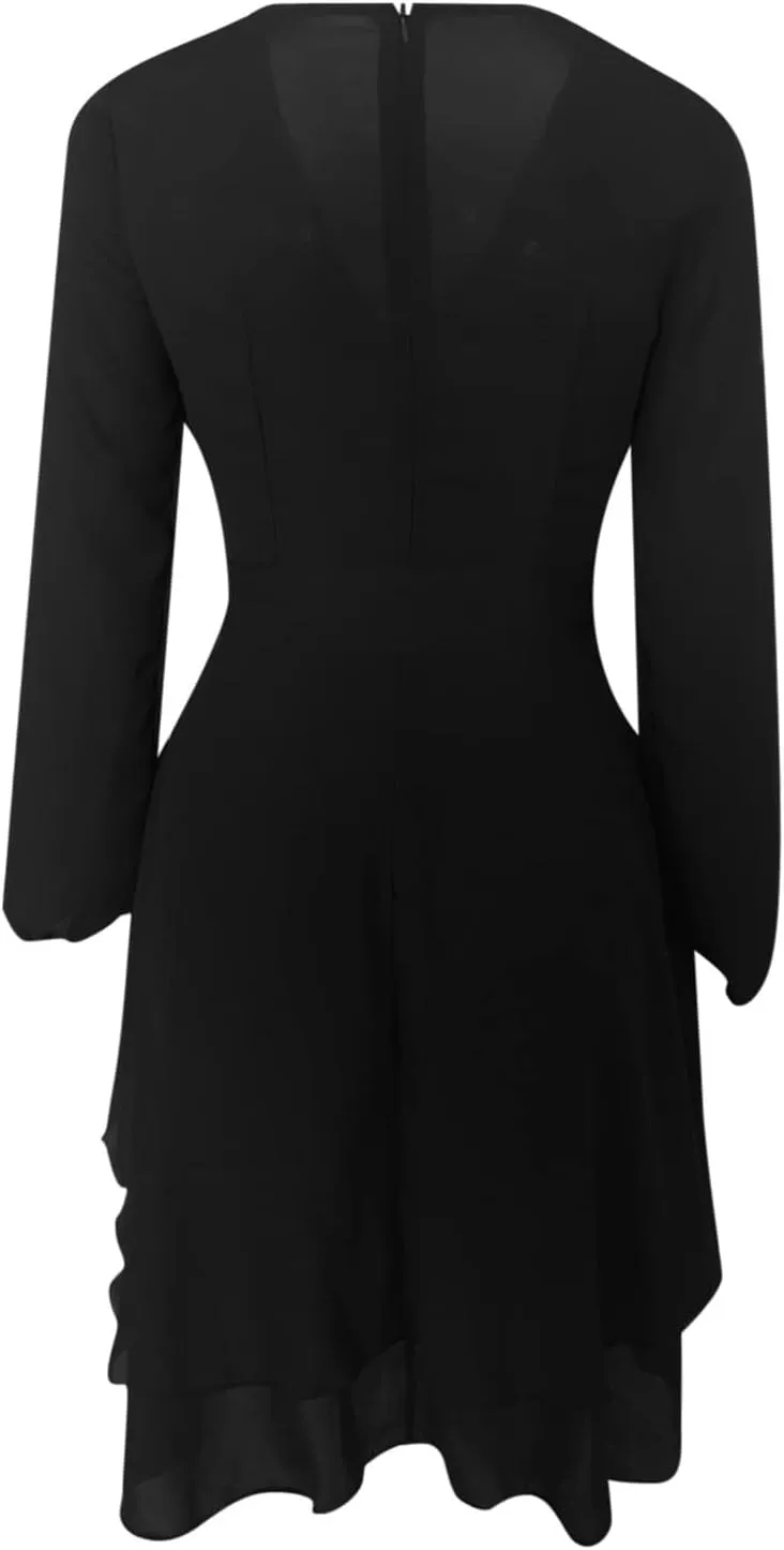 tuduoms Summer Wrap Peplum Dress for Women V Neck Long Sleeve Irregular Dress Waist Tie Ruffle Mini Flowy Skater Dresses