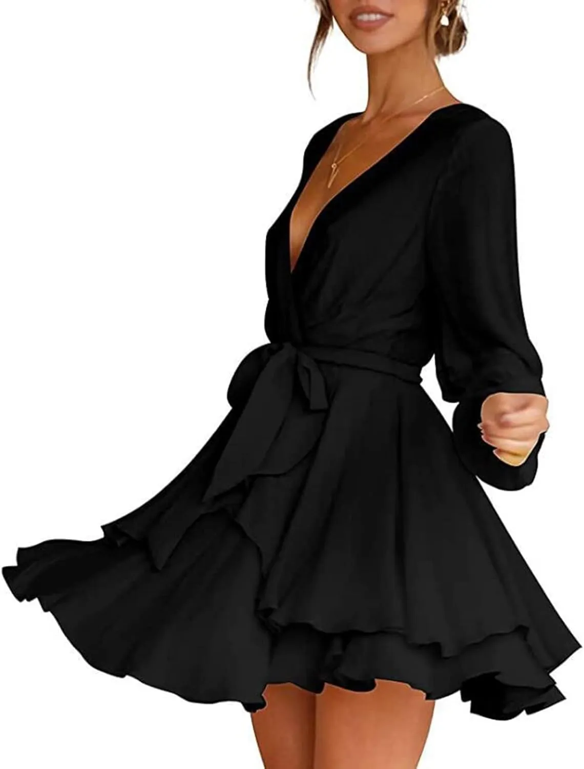 tuduoms Summer Wrap Peplum Dress for Women V Neck Long Sleeve Irregular Dress Waist Tie Ruffle Mini Flowy Skater Dresses