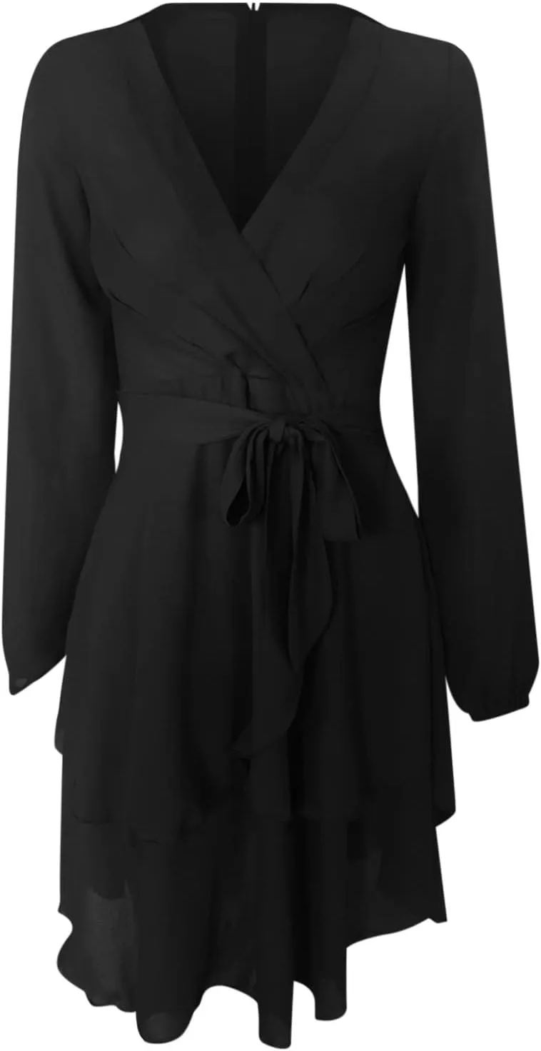 tuduoms Summer Wrap Peplum Dress for Women V Neck Long Sleeve Irregular Dress Waist Tie Ruffle Mini Flowy Skater Dresses