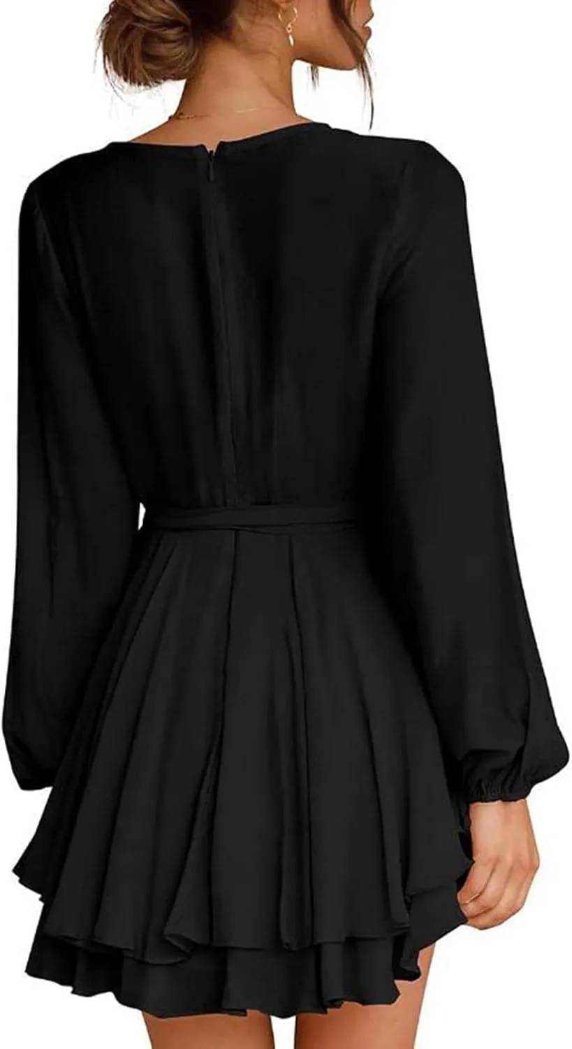 tuduoms Summer Wrap Peplum Dress for Women V Neck Long Sleeve Irregular Dress Waist Tie Ruffle Mini Flowy Skater Dresses