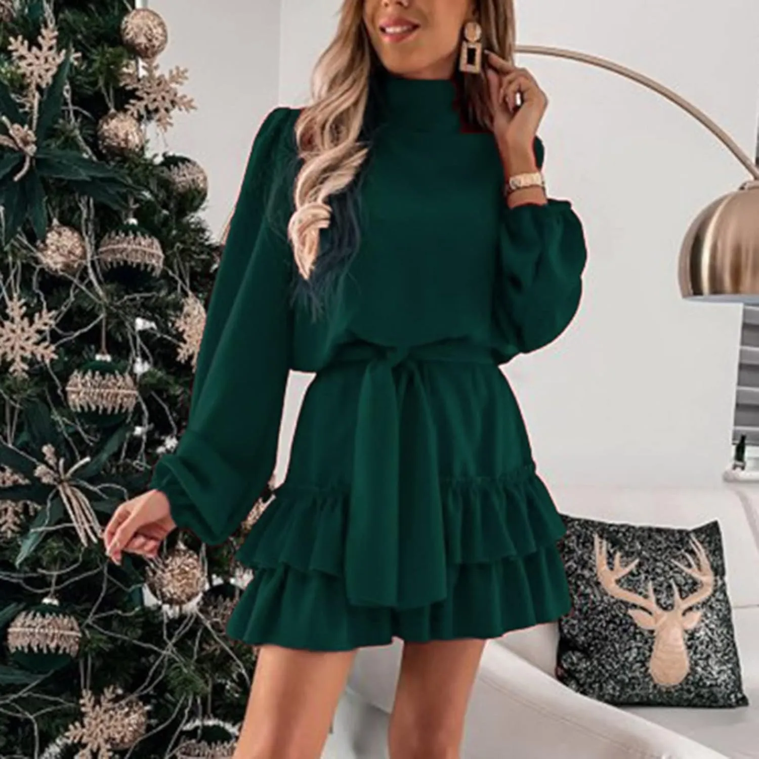 tuduoms Womens Spring Ruffle Mini Dress Casual Long Puff Sleeve Waist Tie Layered Ruffle Hem Swing Party Wedding Guest Dress