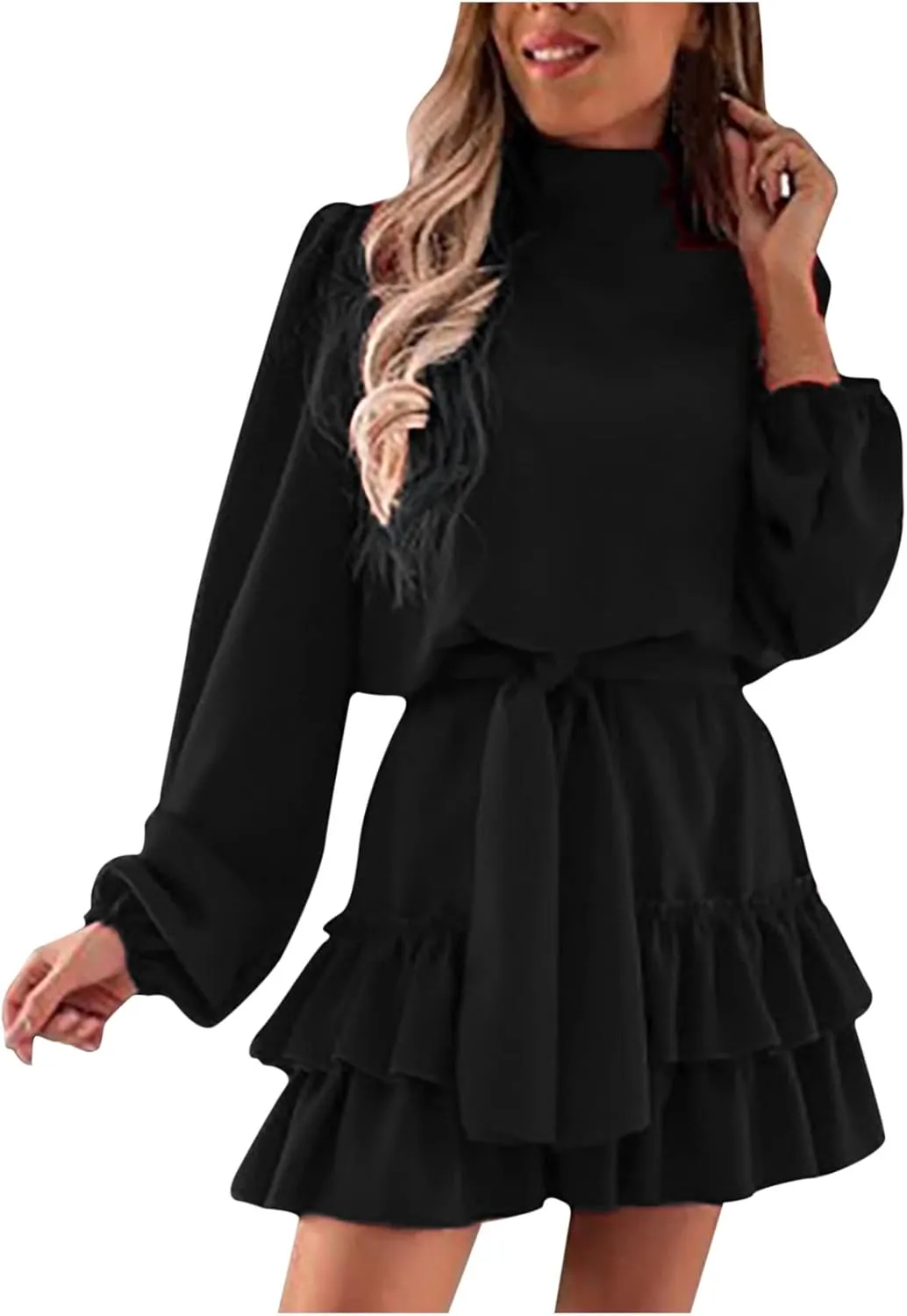 tuduoms Womens Spring Ruffle Mini Dress Casual Long Puff Sleeve Waist Tie Layered Ruffle Hem Swing Party Wedding Guest Dress