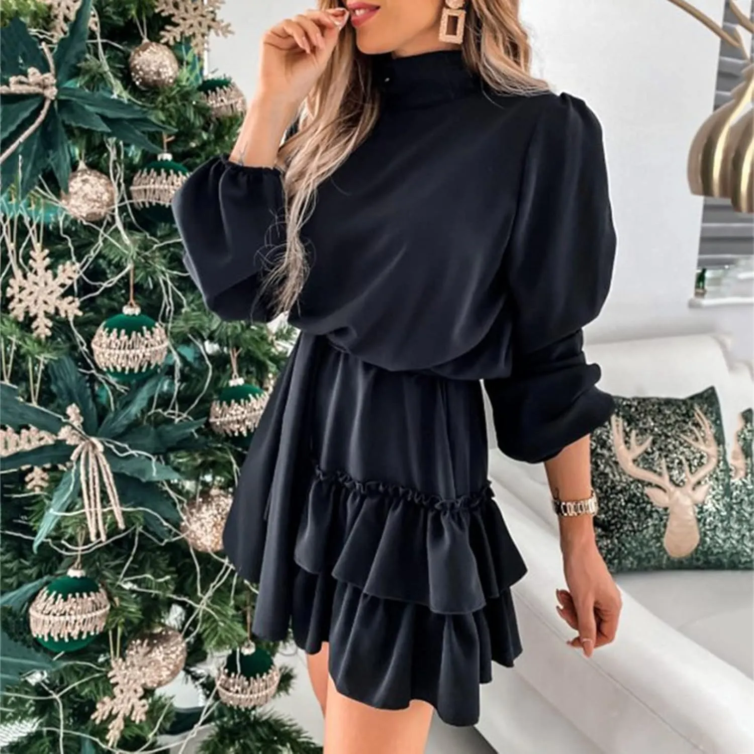 tuduoms Womens Spring Ruffle Mini Dress Casual Long Puff Sleeve Waist Tie Layered Ruffle Hem Swing Party Wedding Guest Dress
