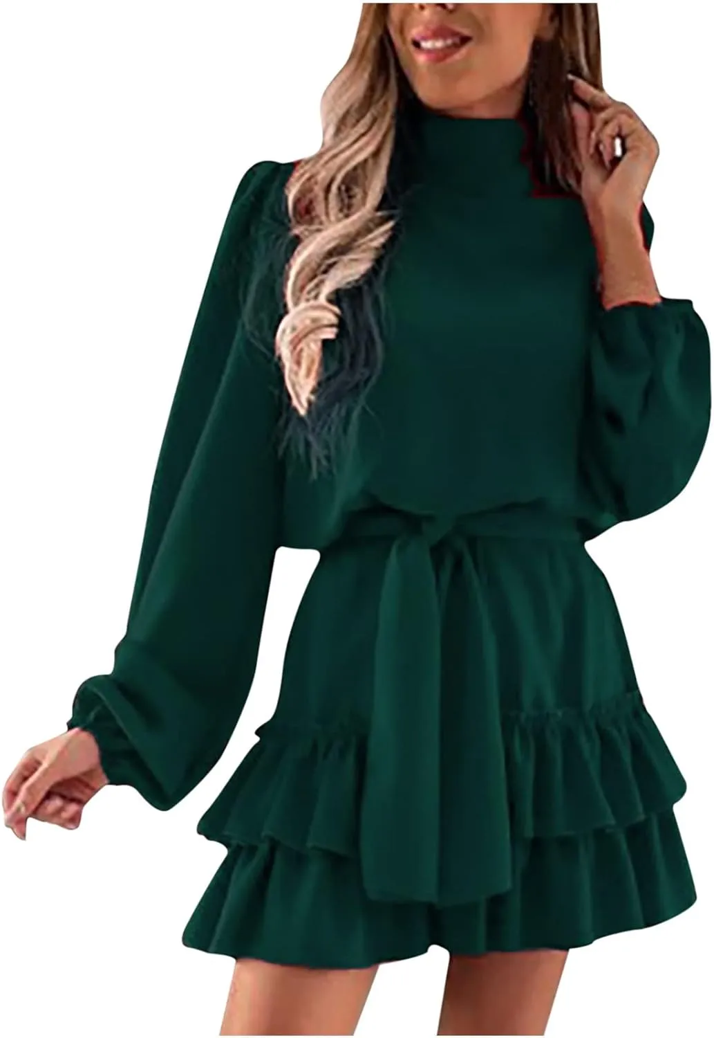 tuduoms Womens Spring Ruffle Mini Dress Casual Long Puff Sleeve Waist Tie Layered Ruffle Hem Swing Party Wedding Guest Dress
