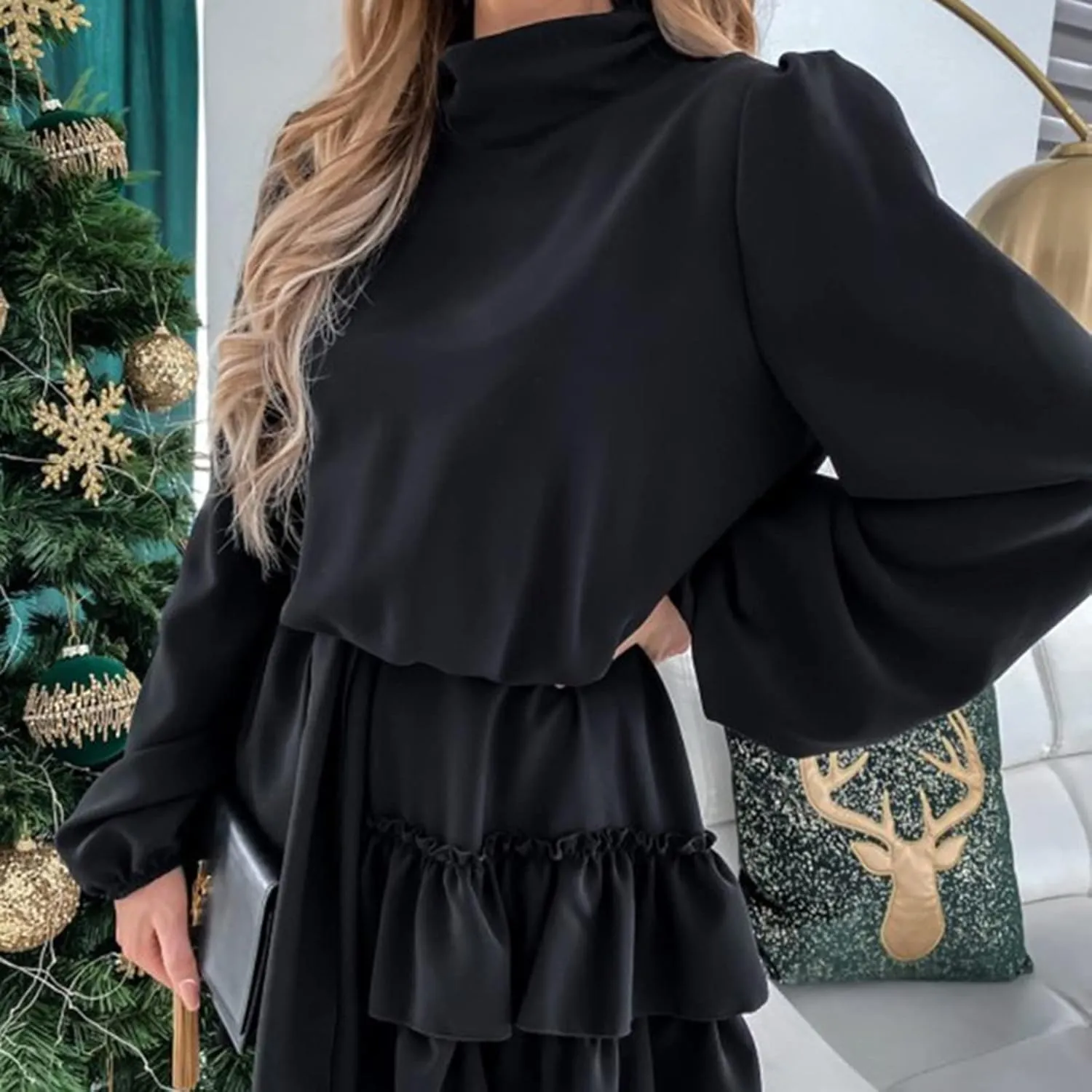 tuduoms Womens Spring Ruffle Mini Dress Casual Long Puff Sleeve Waist Tie Layered Ruffle Hem Swing Party Wedding Guest Dress