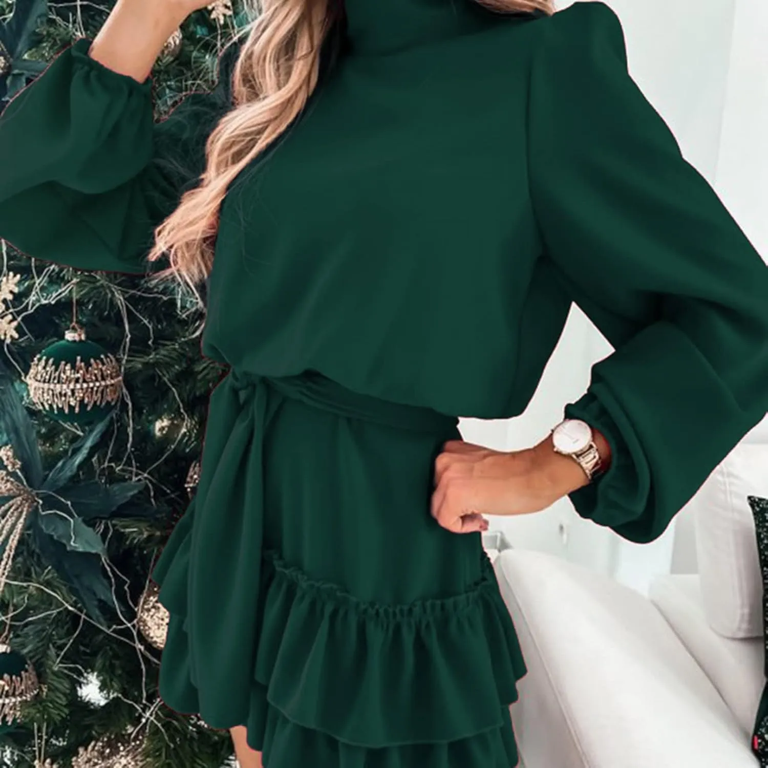 tuduoms Womens Spring Ruffle Mini Dress Casual Long Puff Sleeve Waist Tie Layered Ruffle Hem Swing Party Wedding Guest Dress
