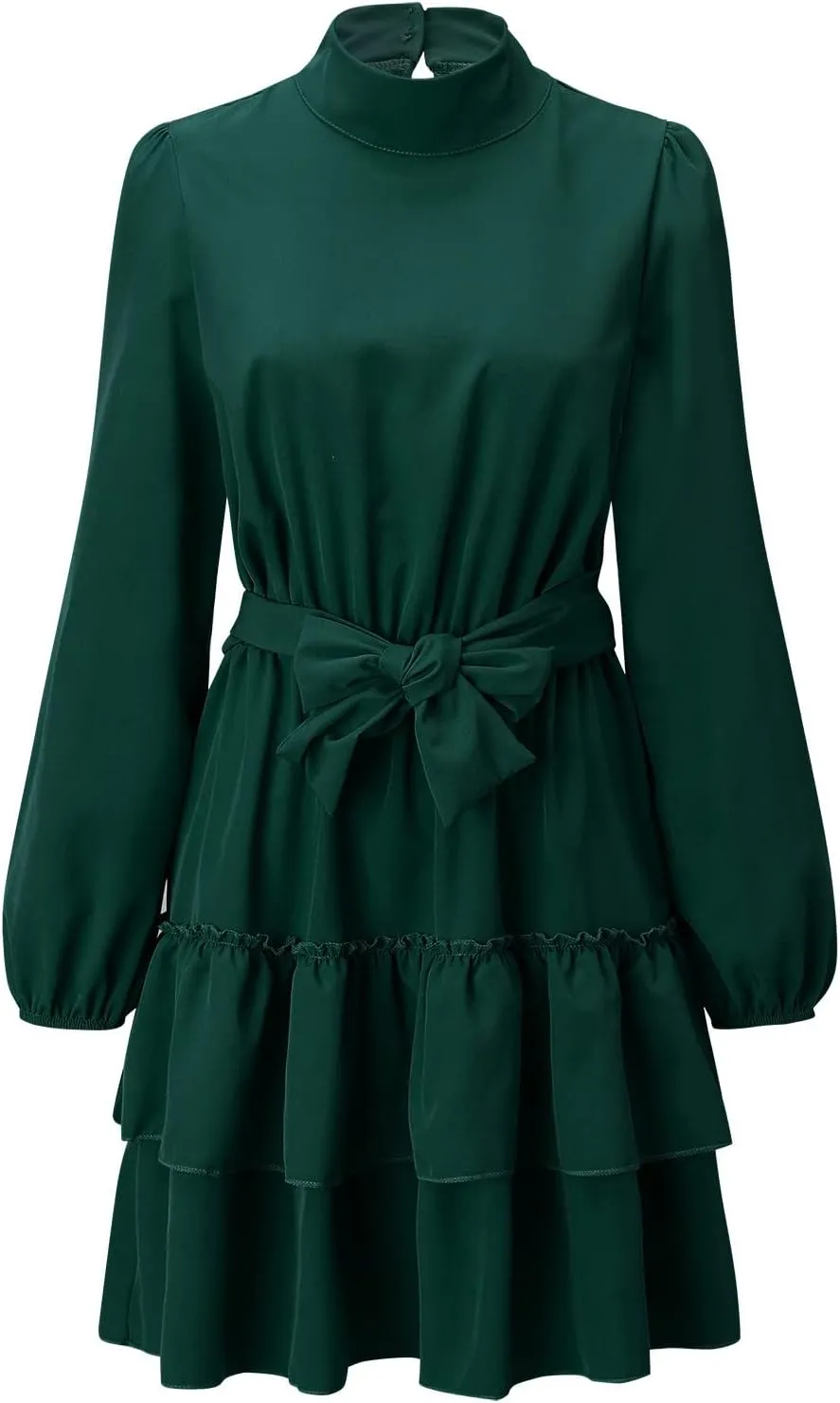 tuduoms Womens Spring Ruffle Mini Dress Casual Long Puff Sleeve Waist Tie Layered Ruffle Hem Swing Party Wedding Guest Dress