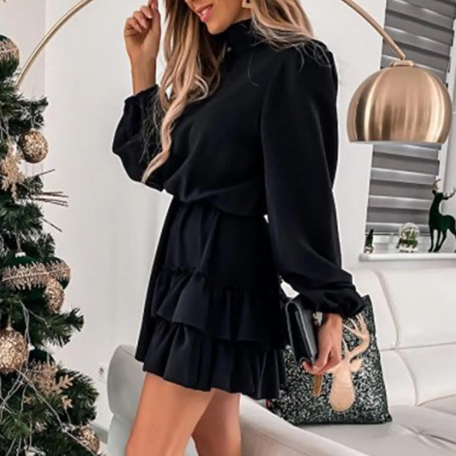 tuduoms Womens Spring Ruffle Mini Dress Casual Long Puff Sleeve Waist Tie Layered Ruffle Hem Swing Party Wedding Guest Dress