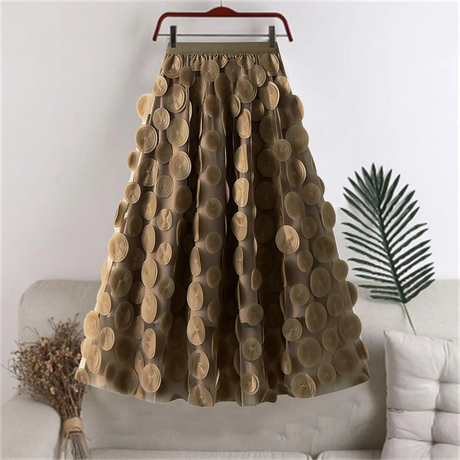 Tulle Skirt Women 3D Polka Dot Elastic Waist Mesh Flowy A-Line Midi Skirts Wedding Party Outfit