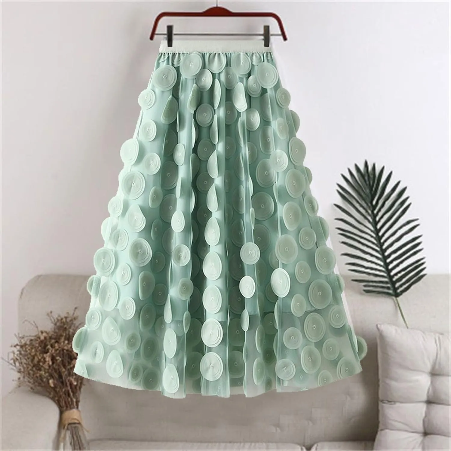 Tulle Skirt Women 3D Polka Dot Elastic Waist Mesh Flowy A-Line Midi Skirts Wedding Party Outfit
