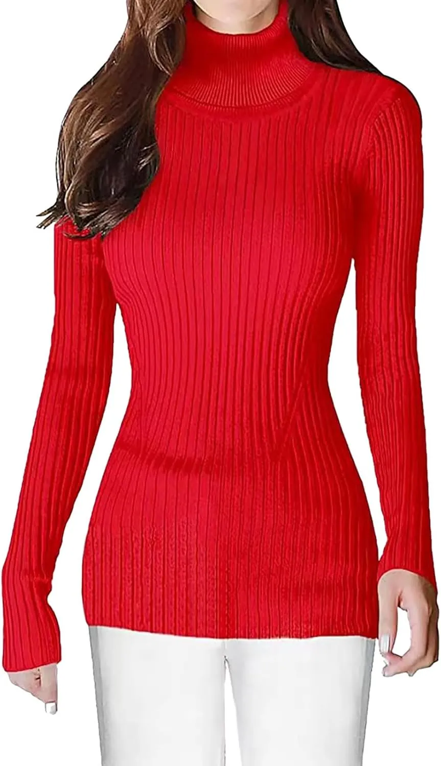 Turtleneck Ribbed Sweaters for Women 2024 Fall Fitted Long Sleeve Knitted Warm Pullover Sweater Basic Tops