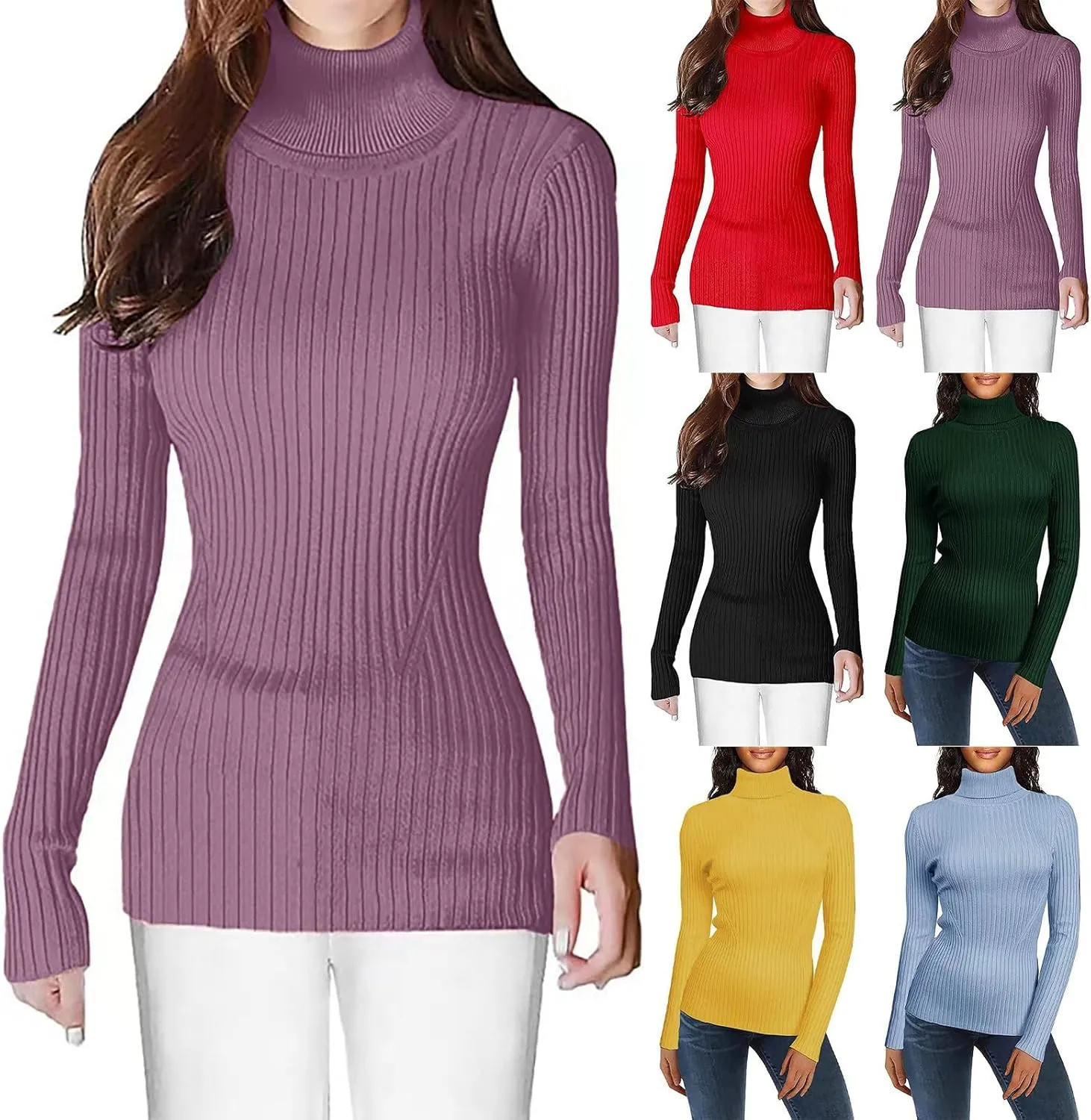 Turtleneck Ribbed Sweaters for Women 2024 Fall Fitted Long Sleeve Knitted Warm Pullover Sweater Basic Tops