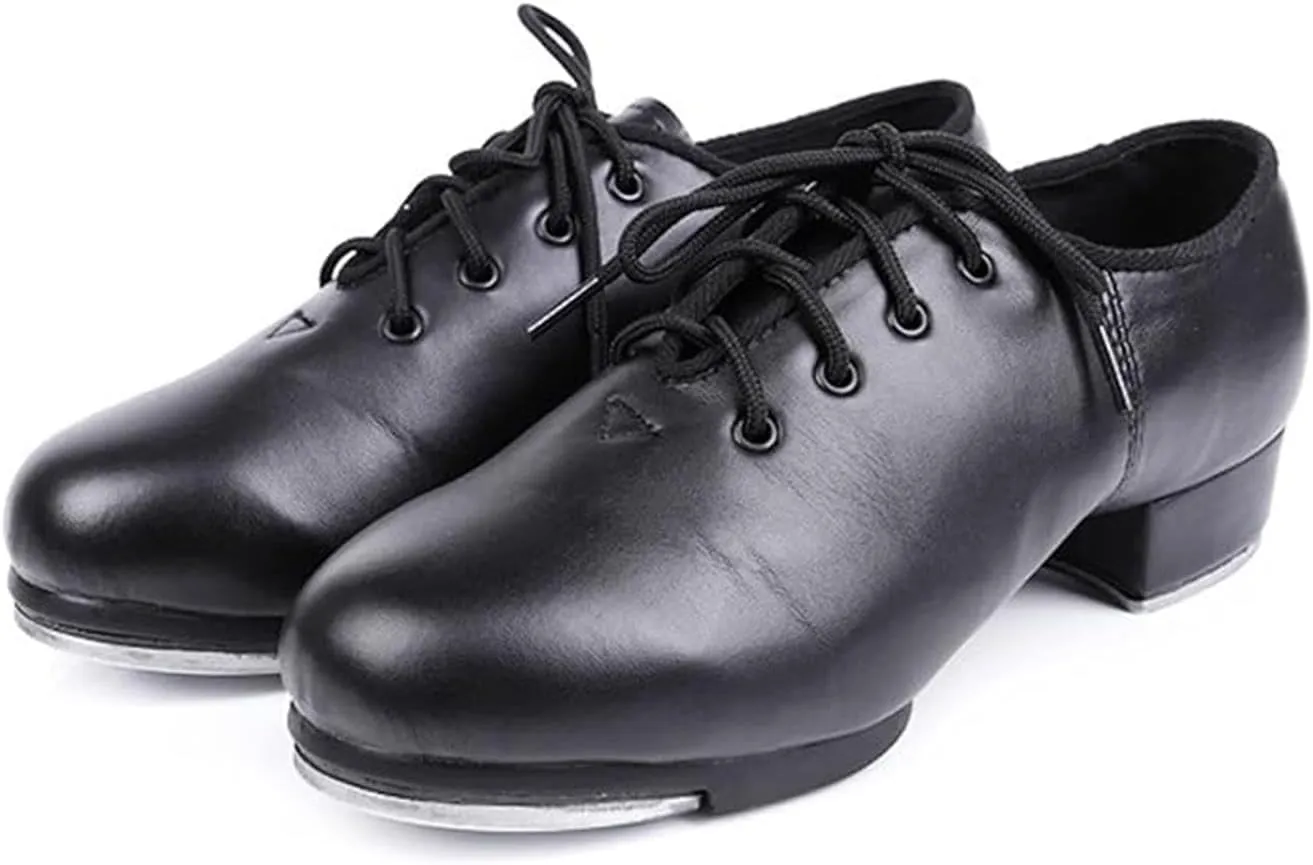Unisex Kids Youth Boys Girls Black Tap Dance Shoes Lace-Up Heels Split Sole Jazz Dancing Shoes