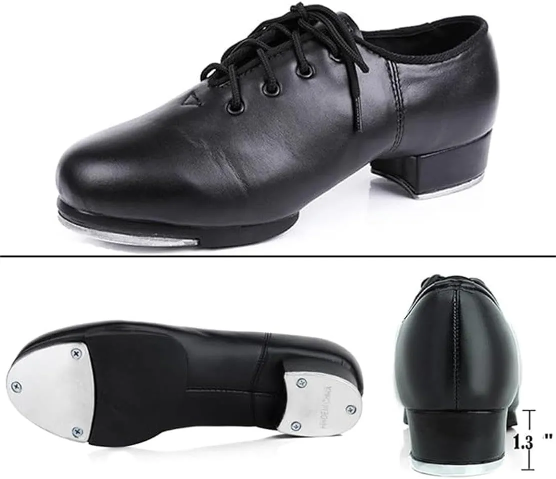 Unisex Kids Youth Boys Girls Black Tap Dance Shoes Lace-Up Heels Split Sole Jazz Dancing Shoes