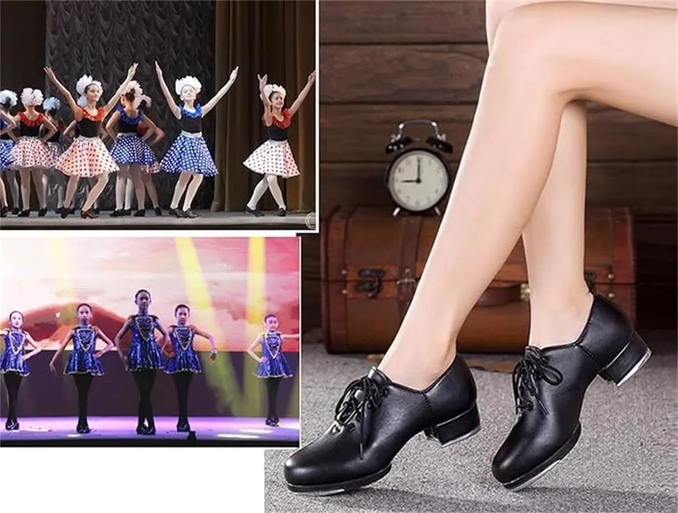 Unisex Kids Youth Boys Girls Black Tap Dance Shoes Lace-Up Heels Split Sole Jazz Dancing Shoes
