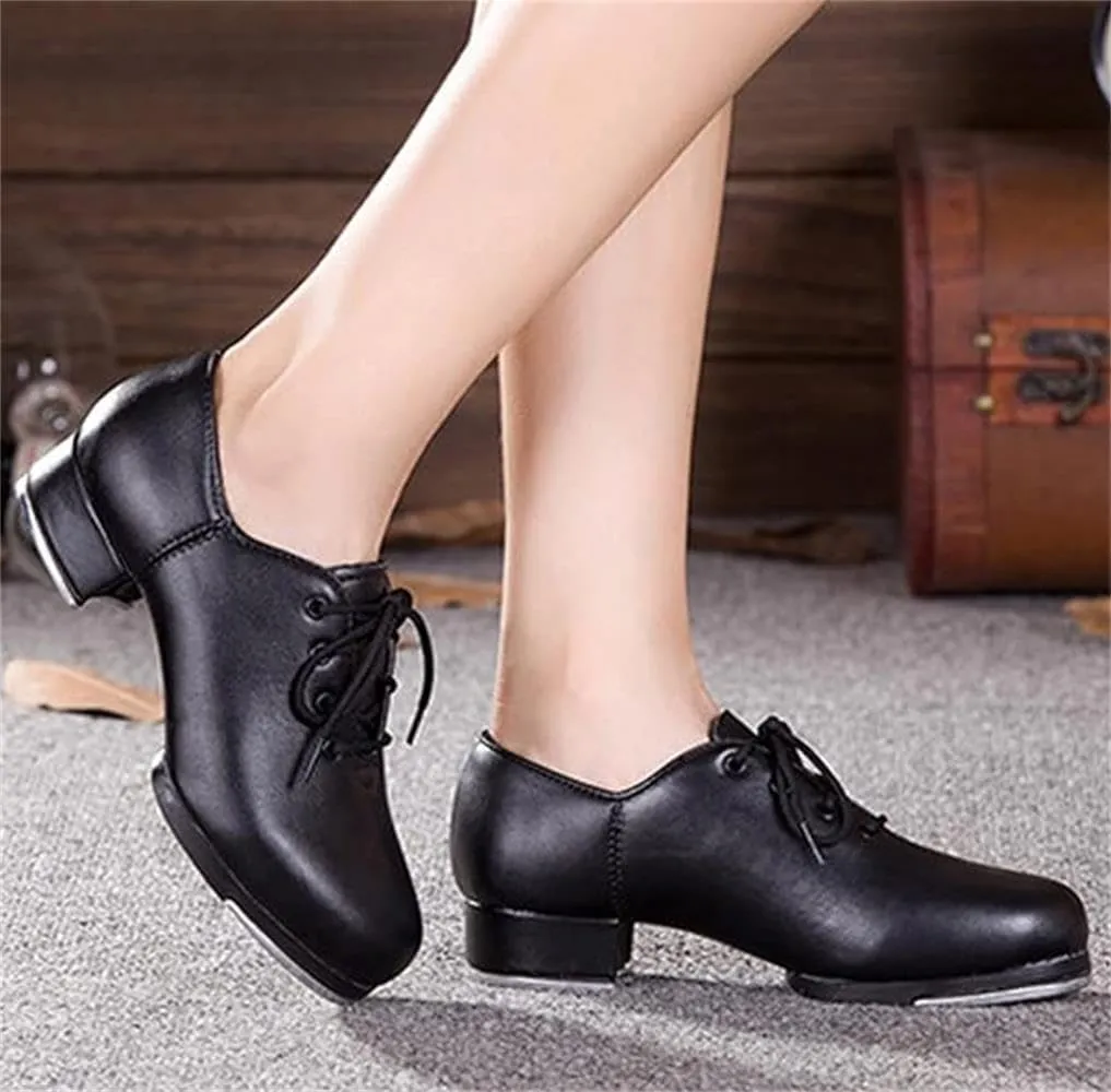 Unisex Kids Youth Boys Girls Black Tap Dance Shoes Lace-Up Heels Split Sole Jazz Dancing Shoes