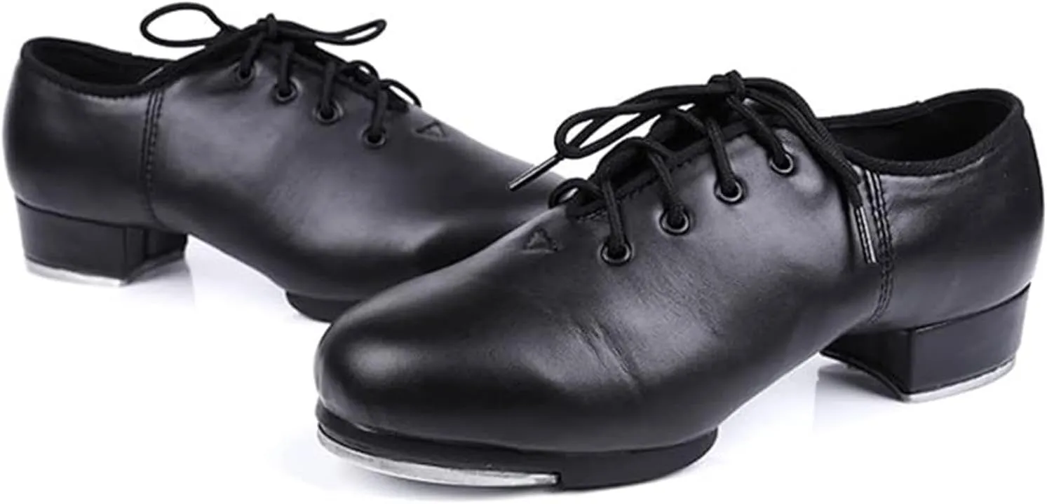 Unisex Kids Youth Boys Girls Black Tap Dance Shoes Lace-Up Heels Split Sole Jazz Dancing Shoes