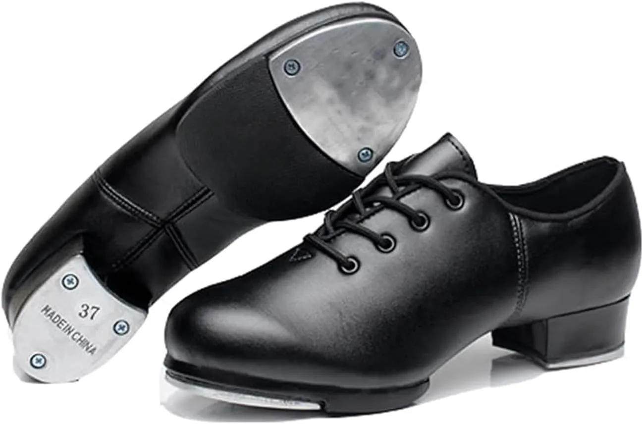 Unisex Kids Youth Boys Girls Black Tap Dance Shoes Lace-Up Heels Split Sole Jazz Dancing Shoes