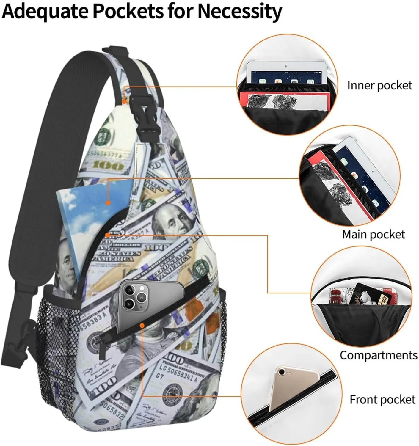 Us Bill Dollars Money Sling Backpack Chest Bag Crossbody Shoulder Bag Gym Cycling Travel Hiking Daypack For Men Women