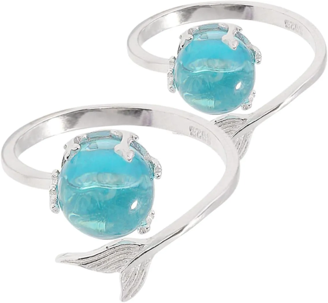 VANZACK 2pcs Mermaid Ring with Crystal Fish Adjustable Open Finger Rings for Women Unique Ocean Inspired Jewelry for Casual Formal Occasions