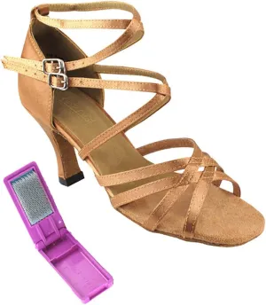Very Fine Dance Shoes - Ladies Latin, Rhythm, Salsa, Waltz Ballroom Dance Shoes - 5008-2.5-inch Heel and Foldable Brush Bundle - Brown Satin - 5