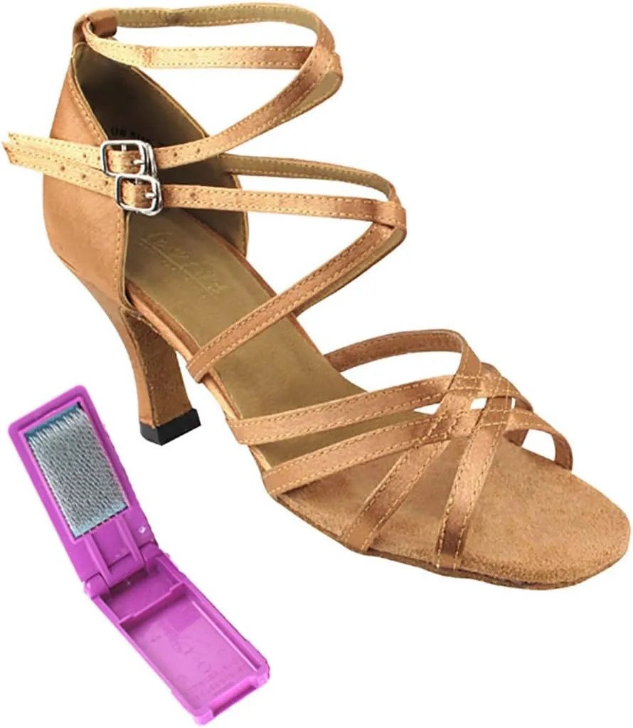 Very Fine Dance Shoes - Ladies Latin, Rhythm, Salsa, Waltz Ballroom Dance Shoes - 5008-2.5-inch Heel and Foldable Brush Bundle - Brown Satin - 5