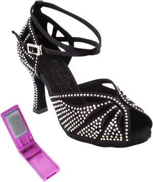 Very Fine Dance Shoes - Ladies Latin, Rhythm, Salsa, Waltz Ballroom Dance Shoes - S1003CC - 2.5-inch Heel and Foldable Brush Bundle - Black Satin - 6