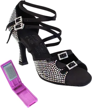 Very Fine Dance Shoes - Ladies Latin, Rhythm, Salsa, Waltz Ballroom Dance Shoes - S1004CC - 3-inch Heel and Foldable Brush Bundle - Black Satin - 7.5