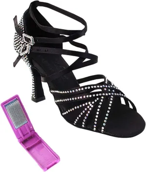 Very Fine Dance Shoes - Ladies Latin, Rhythm, Salsa, Waltz Ballroom Dance Shoes - S1006CC - 3-inch Heel and Foldable Brush Bundle - Black Satin - 9.5