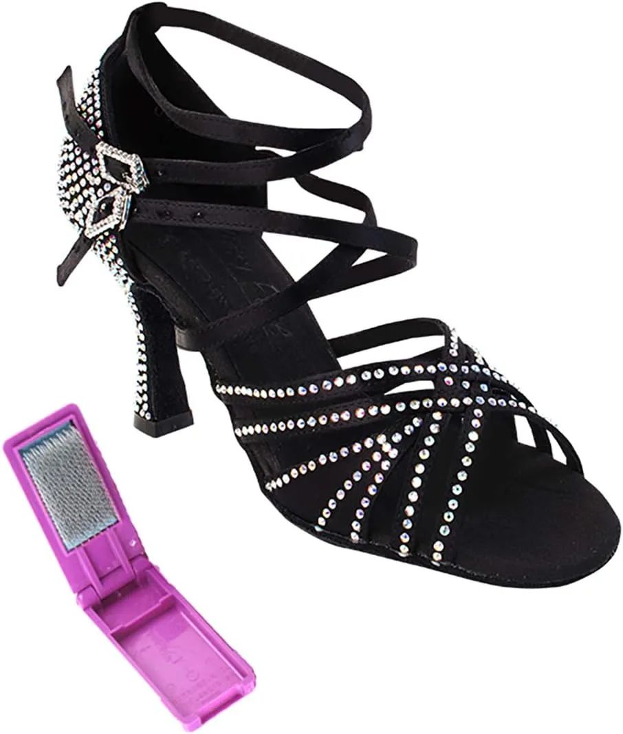 Very Fine Dance Shoes - Ladies Latin, Rhythm, Salsa, Waltz Ballroom Dance Shoes - S1006CC - 3-inch Heel and Foldable Brush Bundle - Black Satin - 9.5