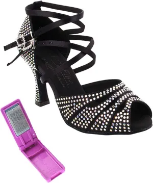 Very Fine Dance Shoes - Ladies Latin, Rhythm, Salsa, Waltz Ballroom Dance Shoes - S1007CC - 3-inch Heel and Foldable Brush Bundle - Black Satin - 8