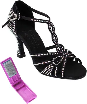 Very Fine Dance Shoes - Ladies Latin, Rhythm, Salsa, Waltz Ballroom Dance Shoes - S1008CC - 2.5-inch Heel and Foldable Brush Bundle - Black Satin - 6