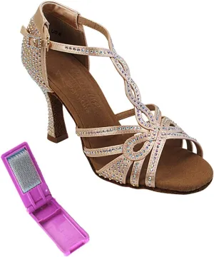 Very Fine Dance Shoes - Ladies Latin, Rhythm, Salsa, Waltz Ballroom Dance Shoes - S1008CC - 3-inch Heel and Foldable Brush Bundle - Flesh Satin - 9.5