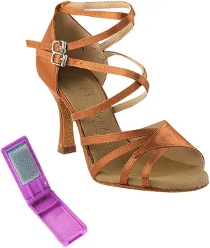 Very Fine Dance Shoes - Ladies Latin, Rhythm, Salsa, Waltz Ballroom Dance Shoes - SERA1662B - 3-inch Heel and Foldable Brush Bundle - Dark Tan Satin - 8.5