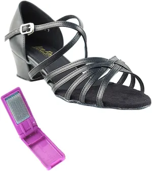 Very Fine Dance Shoes - Ladies Practice, Cuban Low Heel, Waltz Ballroom Dance Shoes - 1670C - 1.5-inch Heel and Foldable Brush Bundle - Black Leather - 7