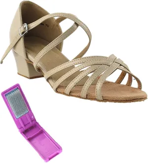 Very Fine Dance Shoes - Ladies Practice, Cuban Low Heel, Waltz Ballroom Dance Shoes - 1670C - 1.5-inch Heel and Foldable Brush Bundle - Tan Leather - 6