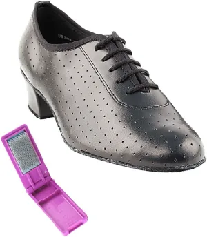Very Fine Dance Shoes - Ladies Practice, Cuban Low Heel, Waltz Ballroom Dance Shoes - 2001-1.5-inch Heel and Foldable Brush Bundle - Black Perforated Leather - 9