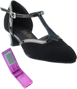 Very Fine Dance Shoes - Ladies Practice, Cuban Low Heel, Waltz Ballroom Dance Shoes - 9627-1.3-inch Heel and Foldable Brush Bundle - Black Nubuck - Black Trim - 7
