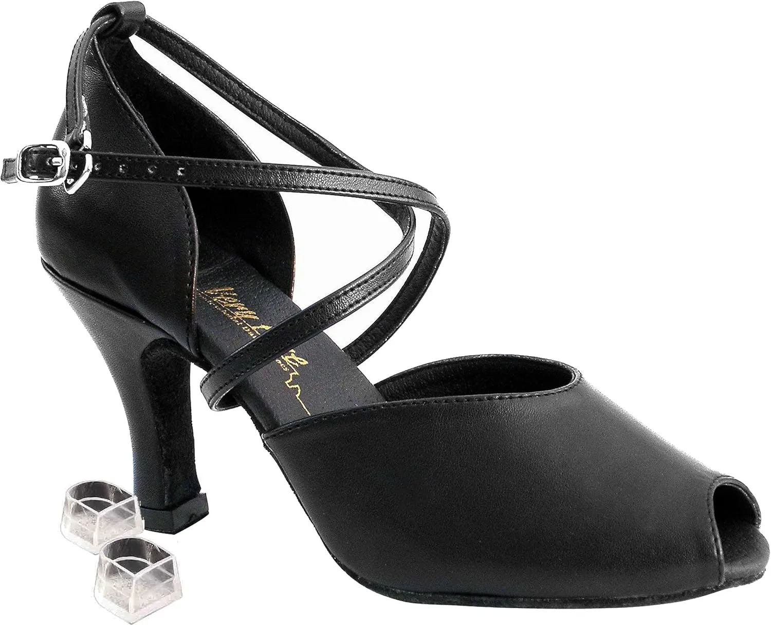 Very Fine Dance Shoes Women's Salsa Ballroom Tango Latin Dance Shoes Style 6033 Bundle with Plastic Dance Shoe Heel Protectors, Black Leather 5 M US Heel 2.5 Inch