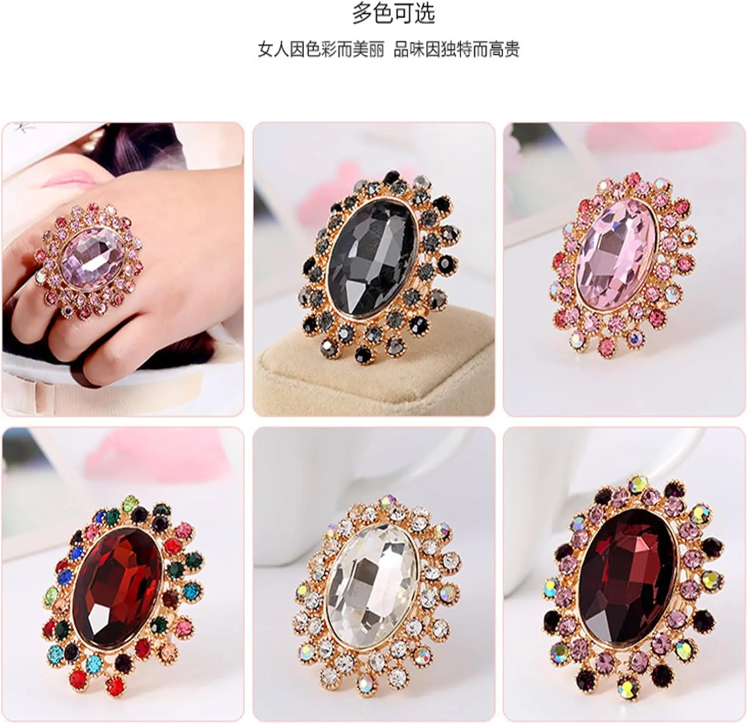 Vintage Rhinestone Glass Finger Rings,Fashion Crystal Adjustable Open Wrap Knuckle Ring Boho Big Oval Stackable Rings Statement Ring Engagement Wedding Cocktail Party Rings Jewelry