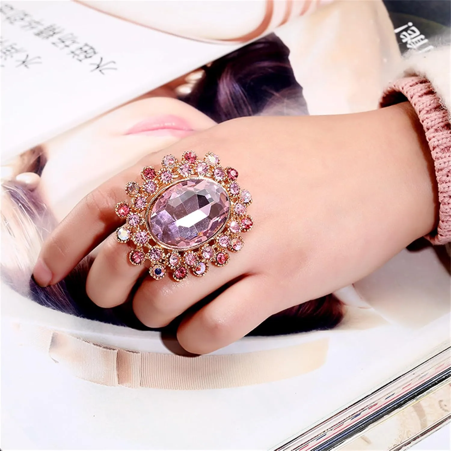 Vintage Rhinestone Glass Finger Rings,Fashion Crystal Adjustable Open Wrap Knuckle Ring Boho Big Oval Stackable Rings Statement Ring Engagement Wedding Cocktail Party Rings Jewelry