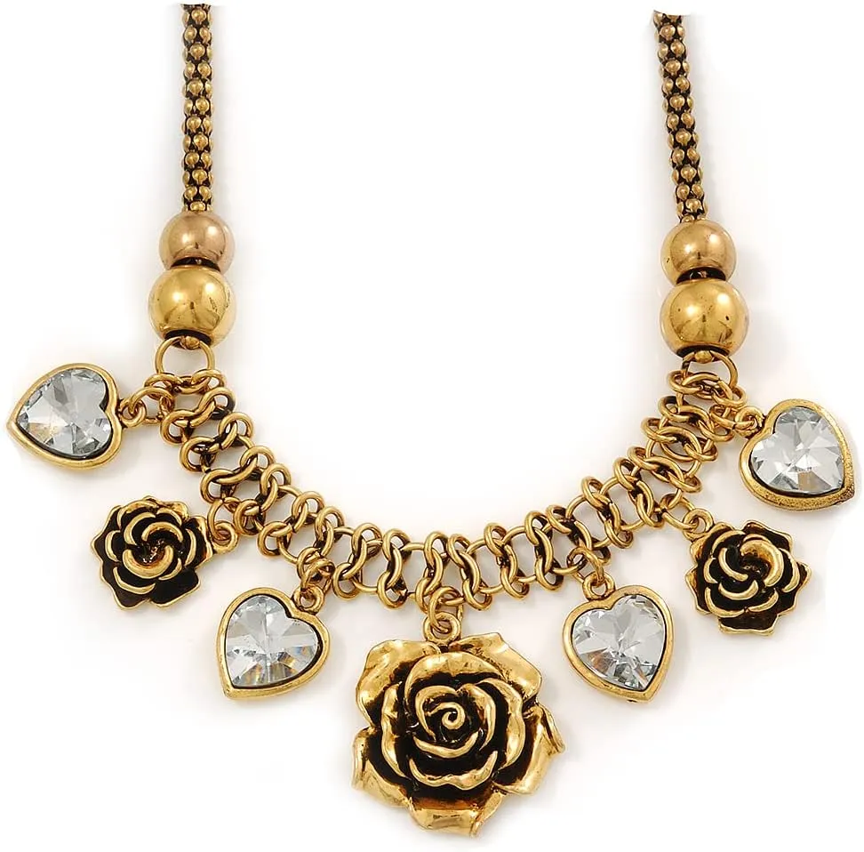 Vintage 'Rose&Heart' Mesh Charm Necklace In Burn Gold Metal - 40cm Length/ 6cm Extension