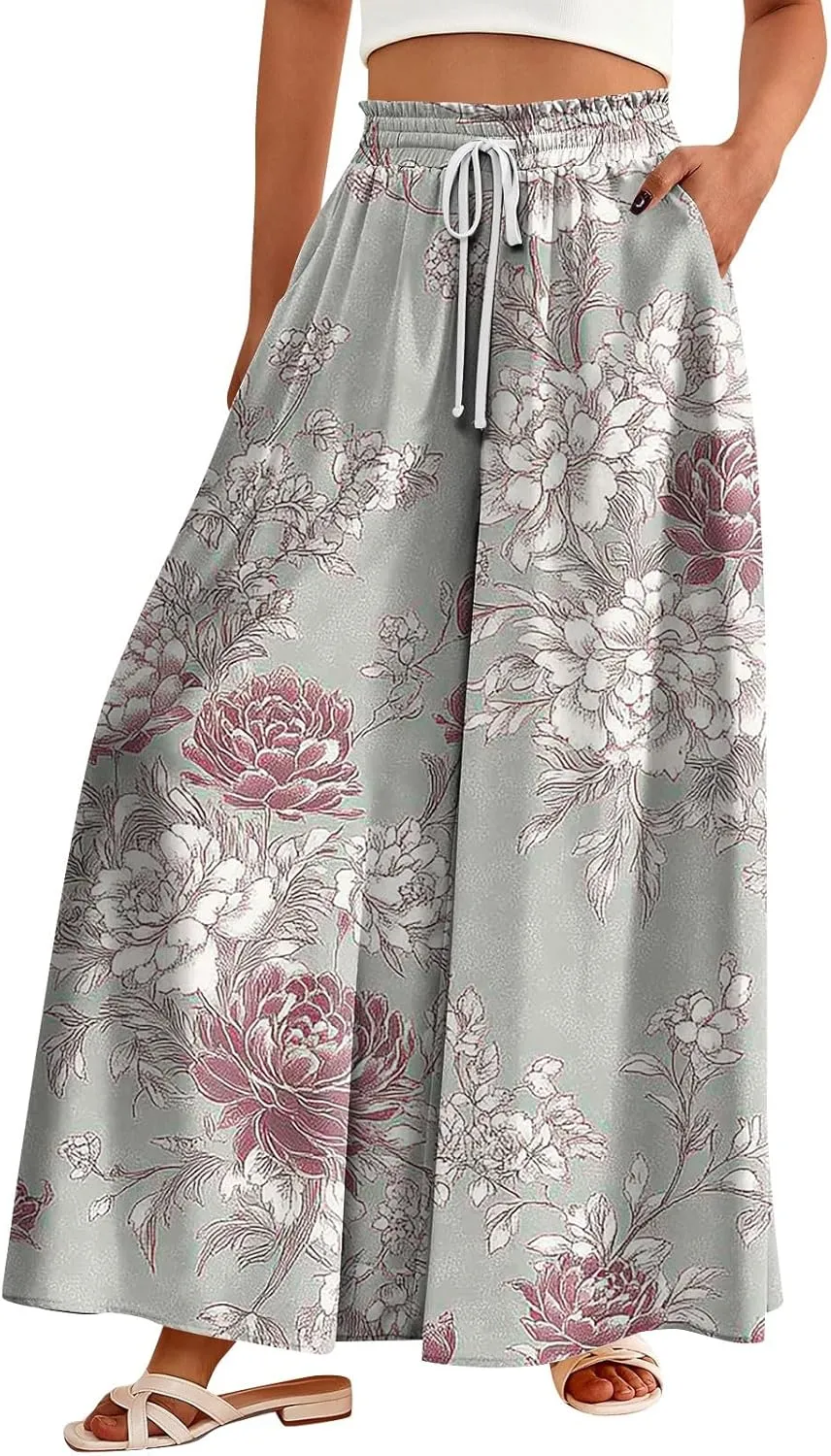 WANZZXCSL Women Casual High Waist Wide Leg Pants Summer Fashion Long Palazzo Pants Lounge Beach Trousers with Pocket
