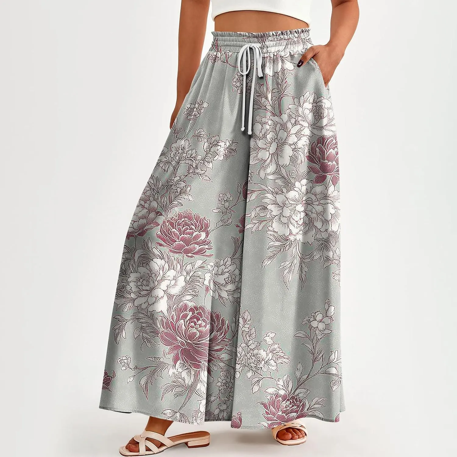 WANZZXCSL Women Casual High Waist Wide Leg Pants Summer Fashion Long Palazzo Pants Lounge Beach Trousers with Pocket